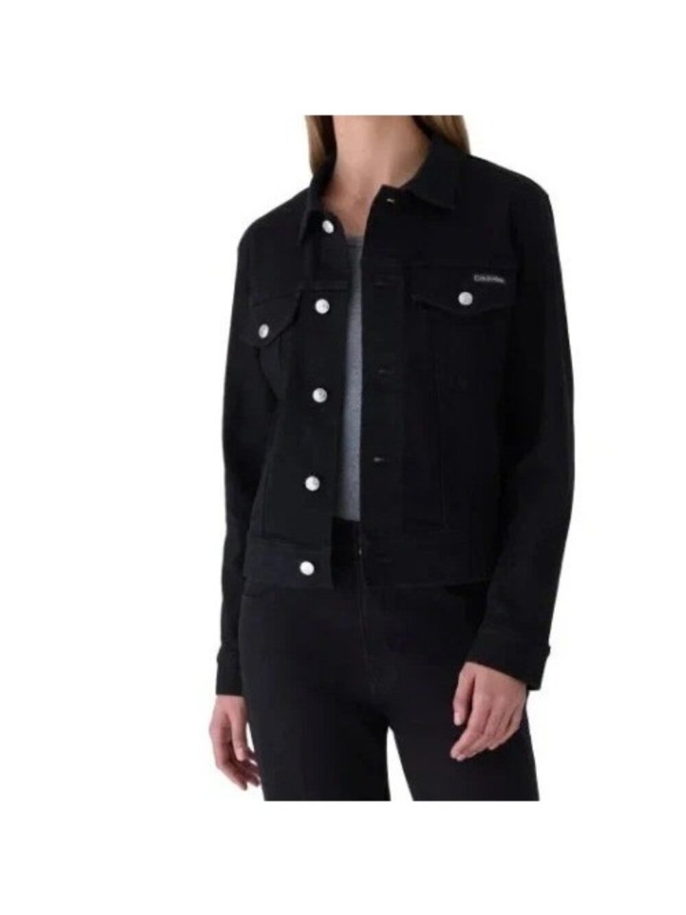 NWT Calvin Klein Women's XL Black Classic Denim Trucker Jacket Stretched